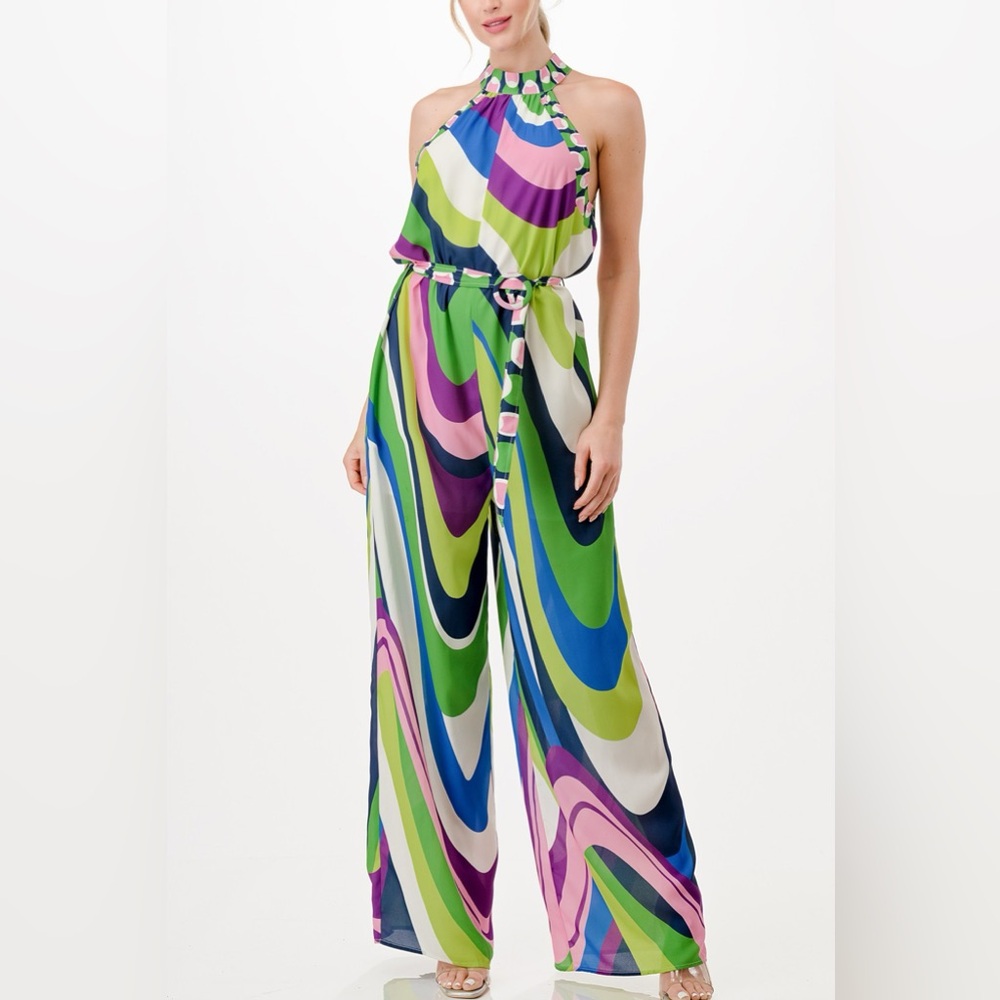Sleeveless Wide-Leg Jumpsuit in Green Multi Swirl